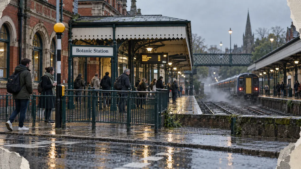 Belfast Botanic Station platform and rail routes, parking info nearby