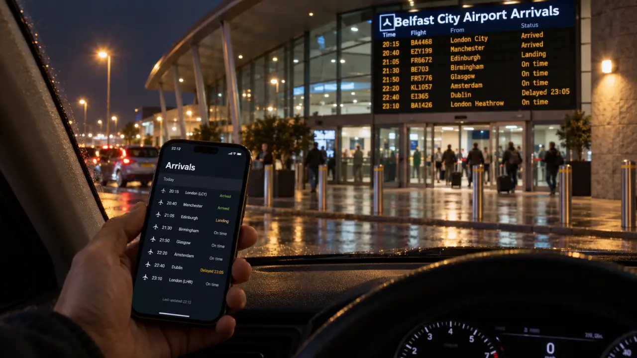 Belfast City Airport arrivals screen for pick-up