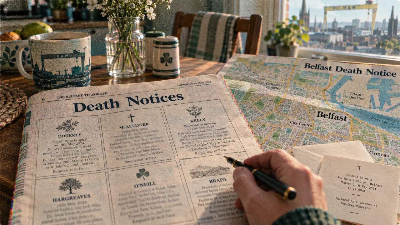 Belfast newspapers death notices: death notice over Belfast map, pen and funeral details