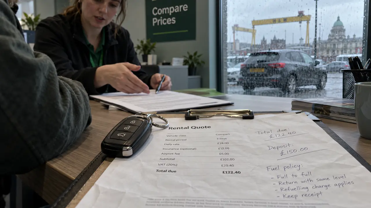 Car rental belfast office quote showing total price, airport and excess