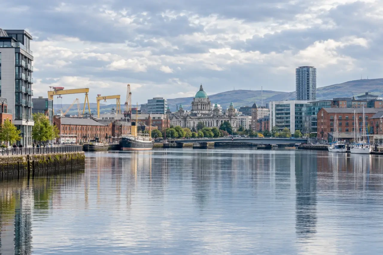 Belfast Ireland city skyline and waterfront on the River Lagan