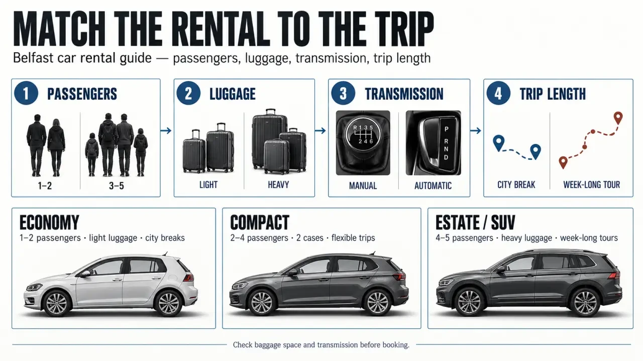 Car rental Belfast vehicle choice based on passengers, luggage and trip length