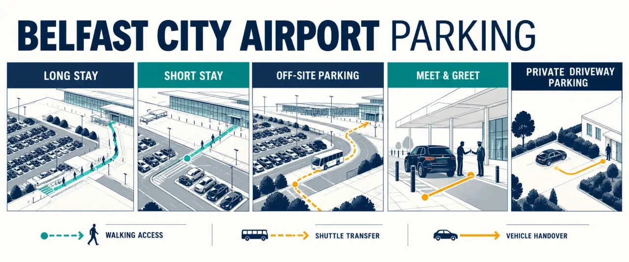 Belfast City Airport parking options including long stay, short stay, off-site and Meet & Greet