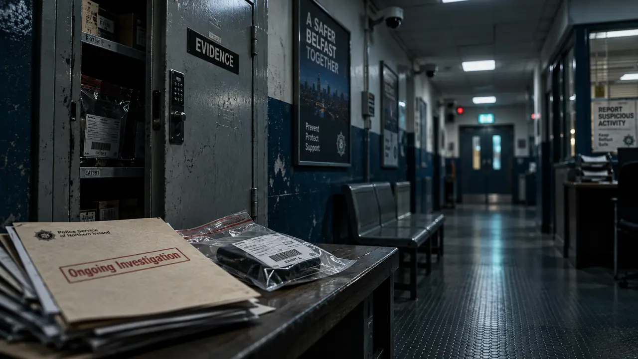 Police arrested five men regarding dissident republican activity in belfast, evidence locker in station corridor at night