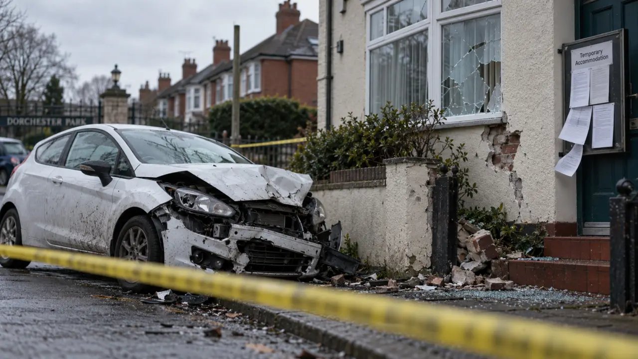 Police arrested two people after car damaged Belfast home: crash scene with yellow tape